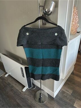 Luxury Possum/MerinoOff-Shoulder Sleeveless Striped Sweater in Teal and Charcoal